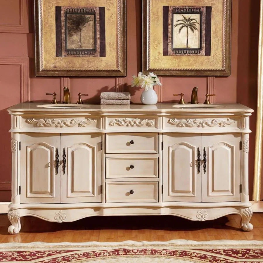 Silkroad Exclusive 48-in English Chestnut Single Sink Bathroom Vanity with Crema Marfil Natural Marble Top, photo 8 of 8