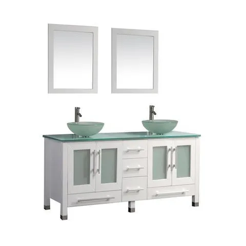 61-in White Double Sink Bathroom Vanity with Painted Glass Top