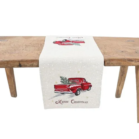 15 × 70 in Merry Christmas Truck Embroidered Table Runner, Natural