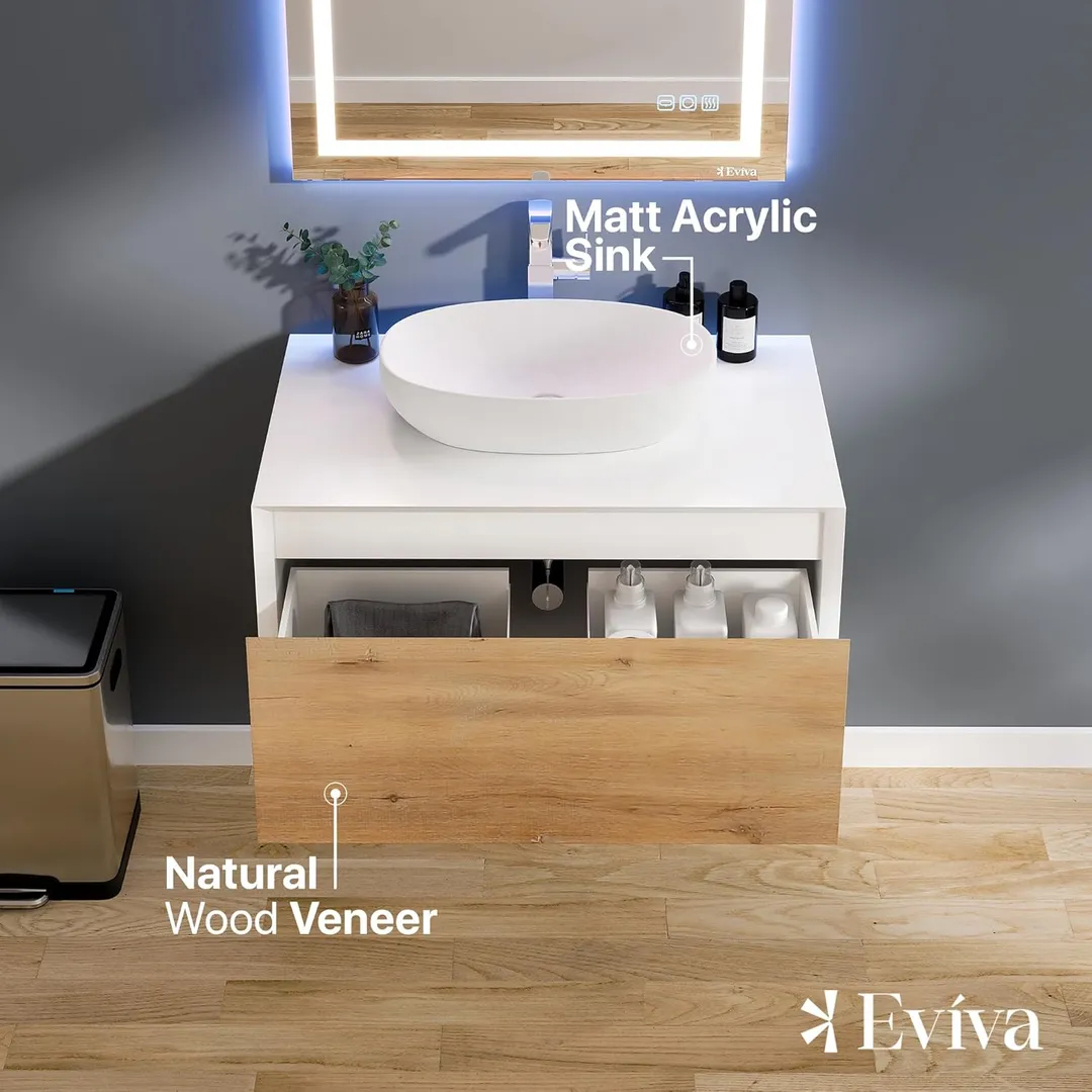 Eviva Santa Monica 36 in. W x 22 in. D x 16 in. H Wall-Mount Single Bath Vanity in White with White Vessel Sink, photo 4 of 6