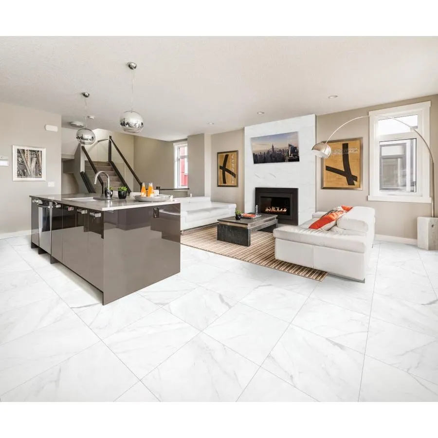 Satori Carrara Domani Polished 24-in x 24-in Polished Porcelain Marble Look Floor Tile, photo 3 of 12