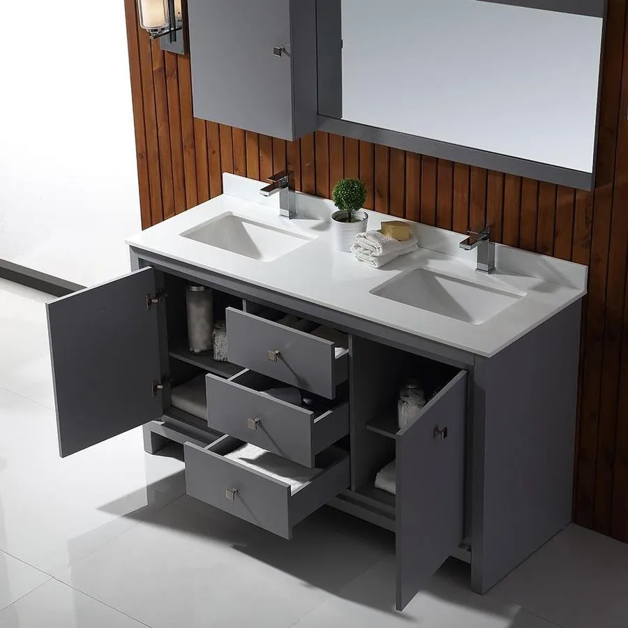 OVE Decors Kevin 60-in Pebble Gray Double Sink Bathroom Vanity with Pure White Cultured Marble Top, photo 5 of 10