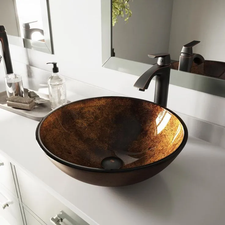 VIGO Glass Vessel Bathroom Sink in Russet and Linus Faucet Set in Antique Rubbed Bronze, photo 3 of 11