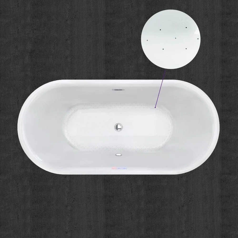 WOODBRIDGE Tion 59 in. Acrylic Freestanding Double-Ended Air Bath Bathtub with Chrome Drain and Overflow, White, photo 9 of 18