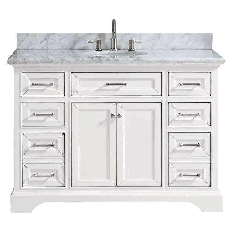 Windlowe 49 in. W x 22 in. D x 35 in. H Bath Vanity in Navy Blue with Carrara Marble Vanity Top in White with White Sink, photo 2 of 17