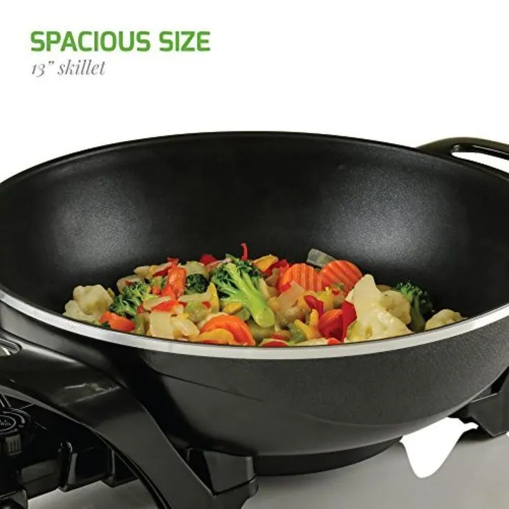 13 In. Black Non-Stick Electric Skillet with Aluminum Body Adjustable Temperature Controller Tempered Glass Cover, photo 6 of 10