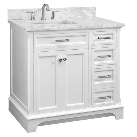 Roveland 36-in White Single Sink Bathroom Vanity with Natural Carrara Marble Top