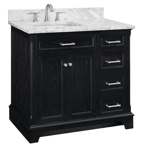 Roveland 36-in Black Oak Single Sink Bathroom Vanity with Natural Carrara Marble Top