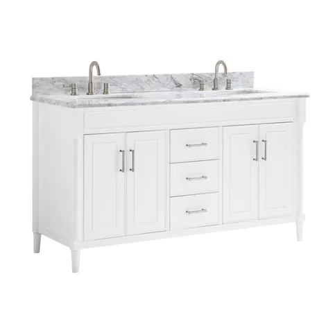 Perrella 61-in White Double Sink Bathroom Vanity with Carrera White Natural Marble Top