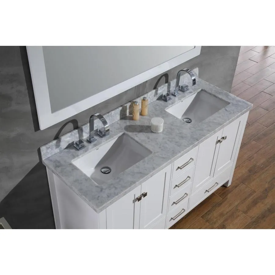 ARIEL Cambridge 61-in White Double Sink Bathroom Vanity with White Natural Marble Top (Mirror Included), photo 2 of 6