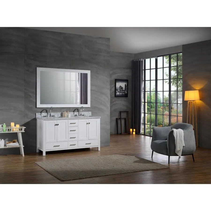 ARIEL Cambridge 61-in White Double Sink Bathroom Vanity with White Natural Marble Top (Mirror Included), photo 5 of 6