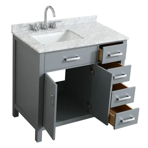 Hampton 37-in Gray Single Sink Bathroom Vanity with White Natural Marble Top