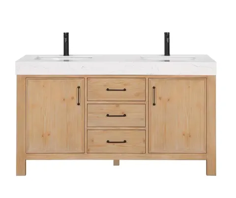 León 60 in wide · 22 in deep · 34 in high Double Sink Bath Vanity in Fir Wood Brown with White Composite Stone Top