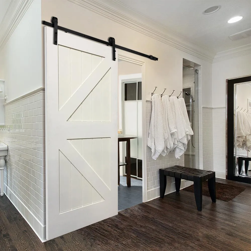 MMI Door 36 in. x 84 in. Primed Composite K-Plank Barn Door with Matte Black Hardware Kit, photo 8 of 10