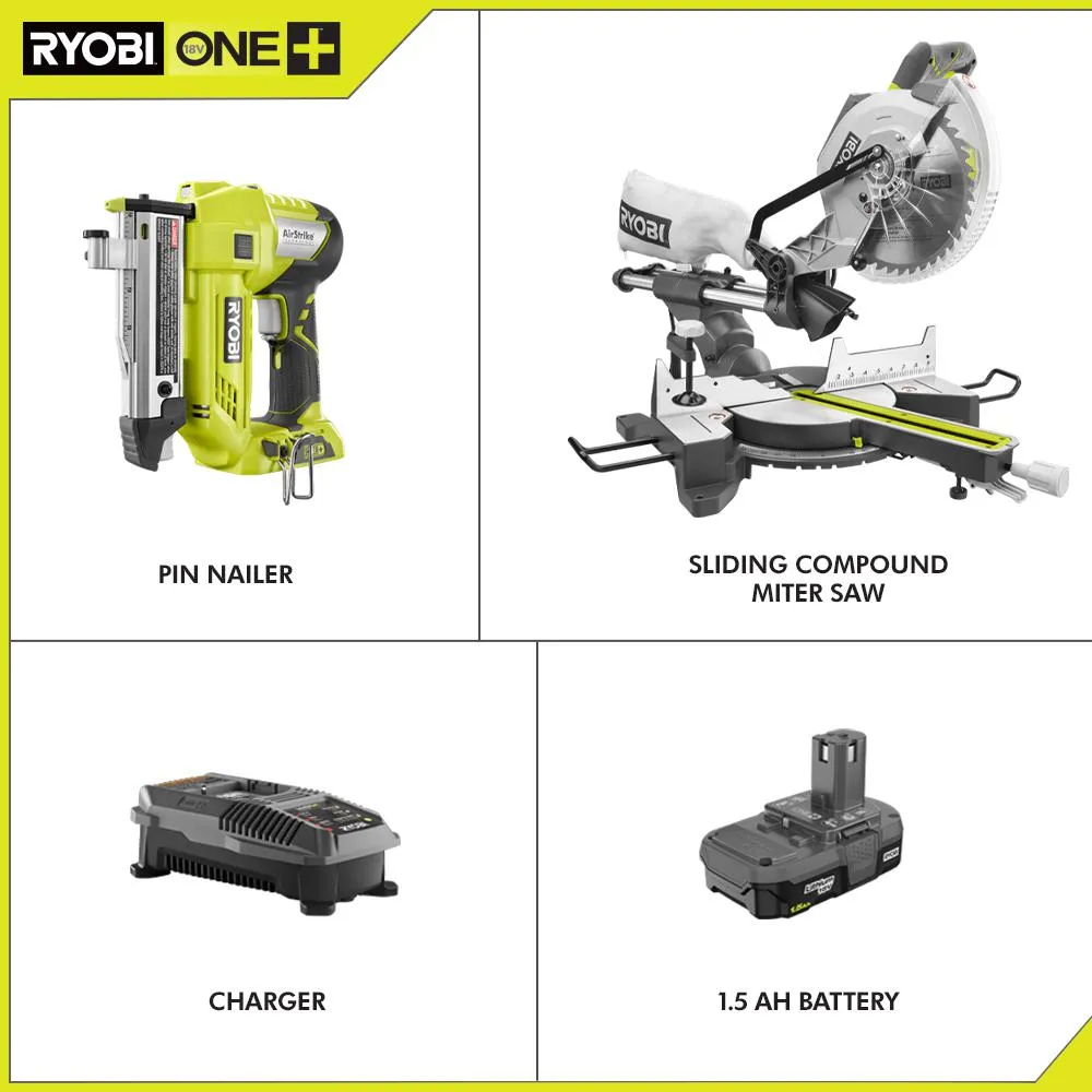 RYOBI 15 Amp 10 in. Sliding Compound Miter Saw and 18-Volt Cordless Airstrike ONE+ Pin Nailer Kit, photo 2 of 12