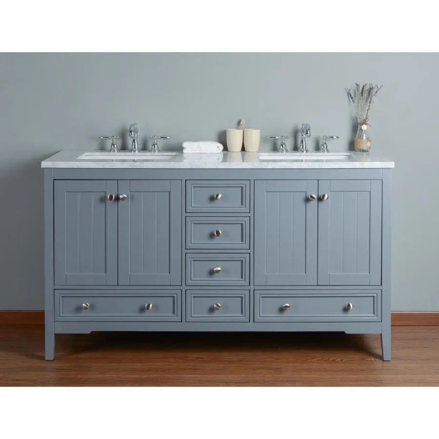 Stufurhome 60-in White Double Sink Bathroom Vanity with Carrara White Natural Marble Top, photo 11 of 11