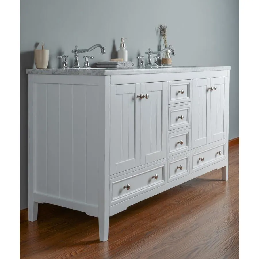 Stufurhome 60-in White Double Sink Bathroom Vanity with Carrara White Natural Marble Top, photo 9 of 11