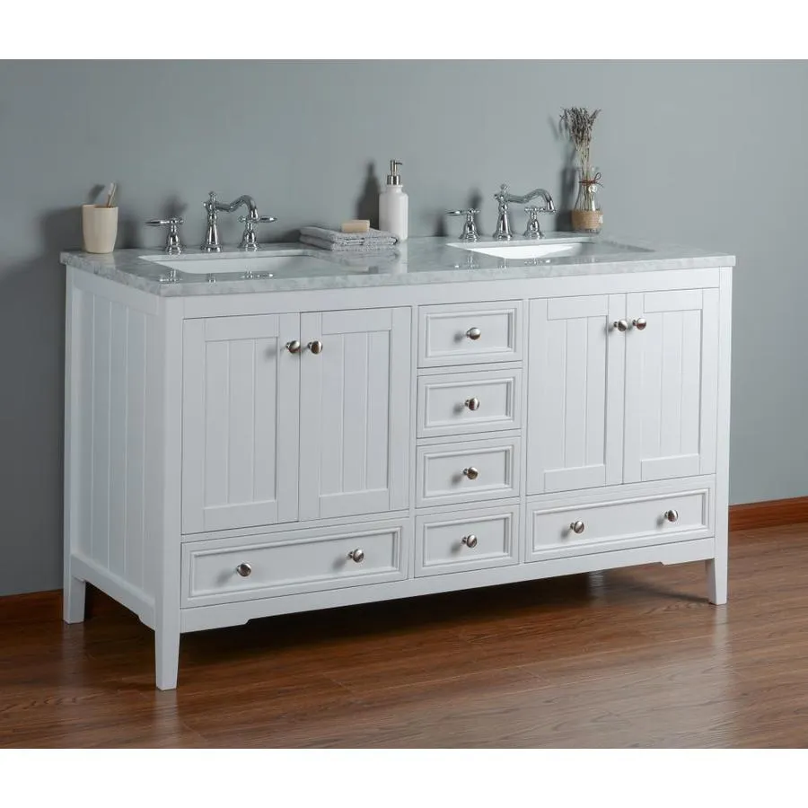 Stufurhome 60-in White Double Sink Bathroom Vanity with Carrara White Natural Marble Top, photo 2 of 11
