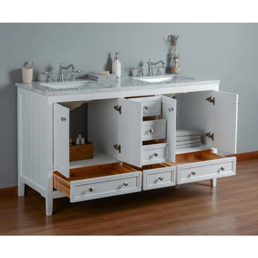 Stufurhome 60-in White Double Sink Bathroom Vanity with Carrara White Natural Marble Top, photo 3 of 11