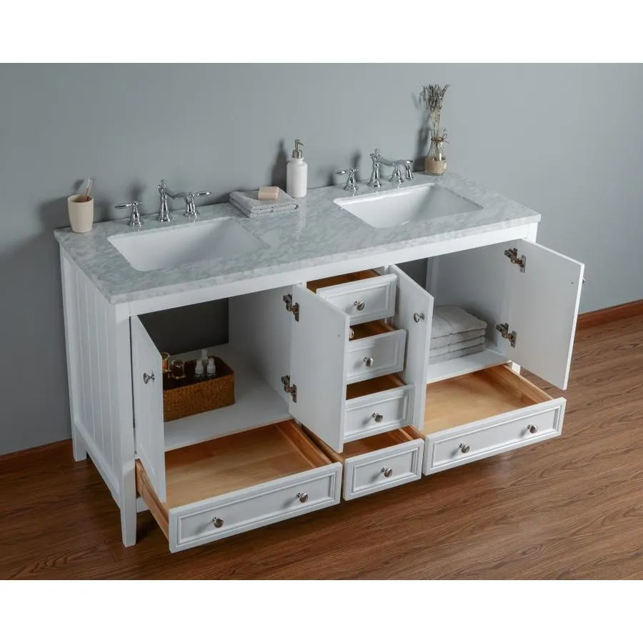 Stufurhome 60-in White Double Sink Bathroom Vanity with Carrara White Natural Marble Top, photo 4 of 11