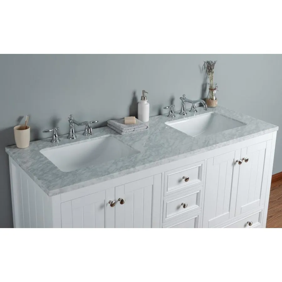 Stufurhome 60-in White Double Sink Bathroom Vanity with Carrara White Natural Marble Top, photo 5 of 11