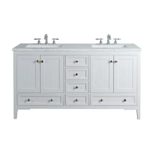 Stufurhome 60-in White Double Sink Bathroom Vanity with Carrara White Natural Marble Top, photo 10 of 11
