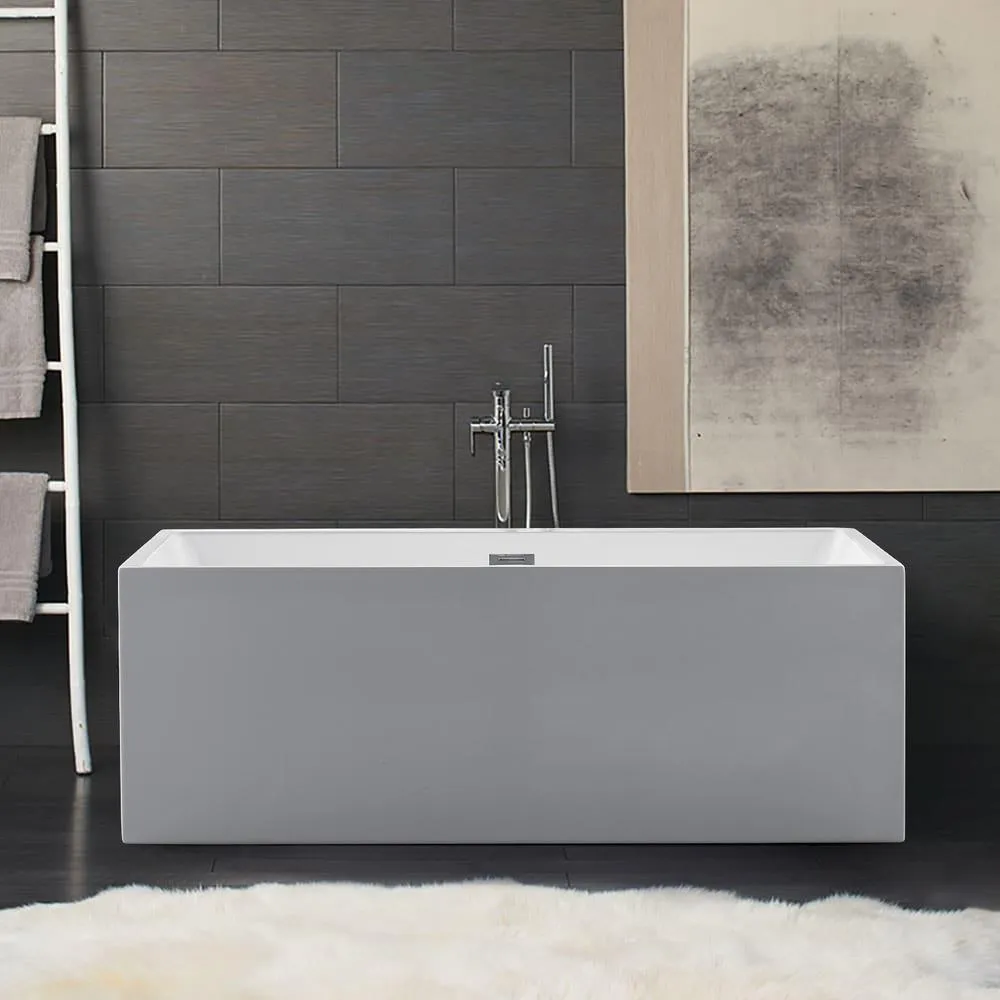 Rectangle 67 in. x 32 in. x 24 in. Contemporary Soaking Acrylic Flatbottom Freestanding Bathtub with Overflow, White, photo 5 of 8