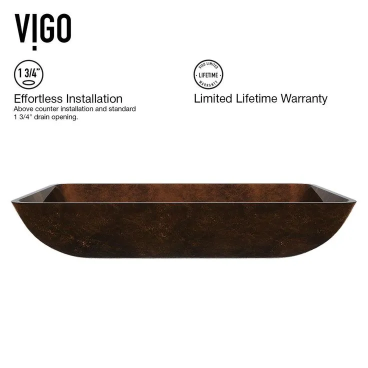 VIGO Rectangular Glass Vessel Bathroom Sink in Russet with Faucet Set in Oil Rubbed Bronze, photo 7 of 11