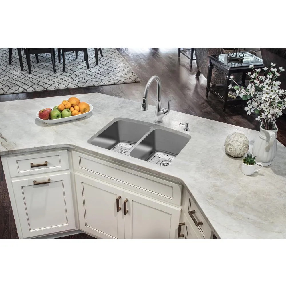 All-in-One Dual Mount 18-Gauge Stainless Steel 33 in. 2-Hole 50/50 Double Bowl Kitchen Sink with Pull-Out Kitchen Faucet, photo 6 of 6