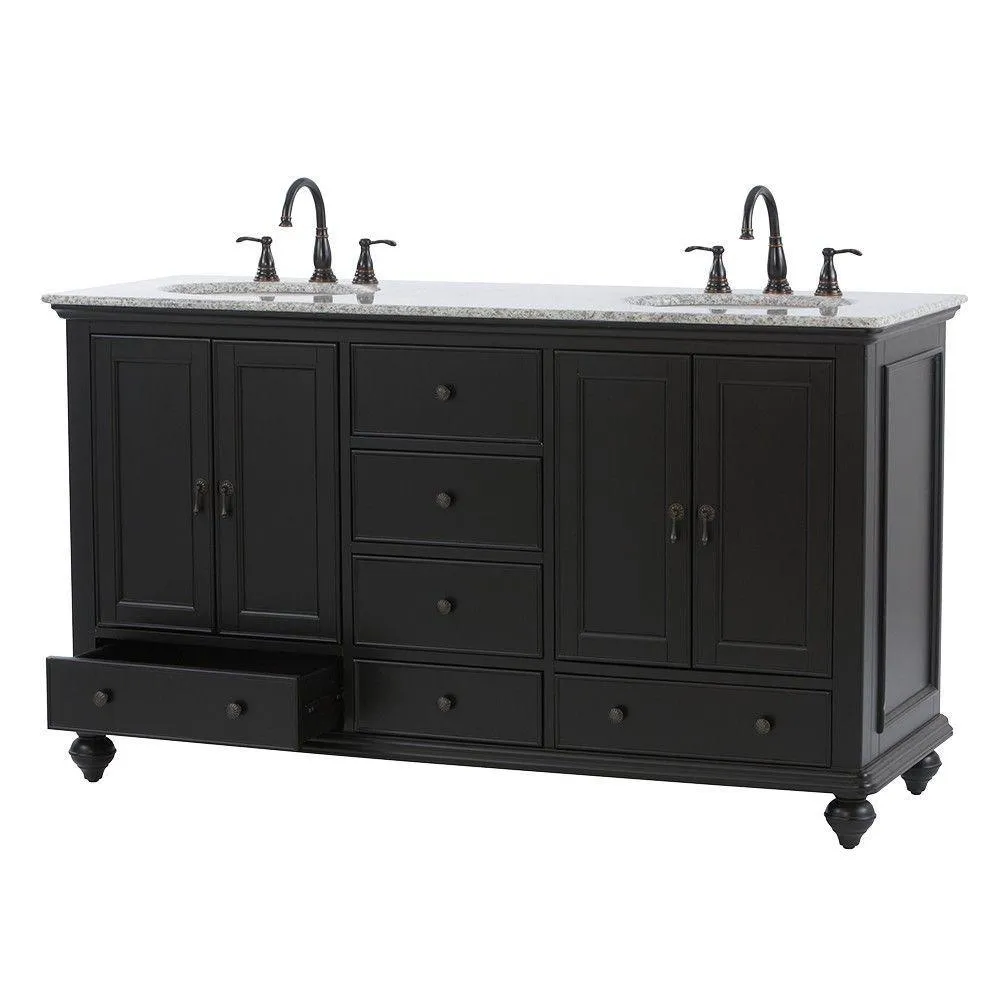 Newport 61 in. W x 21-1/2 in. D Double Bath Vanity in Black with Granite Vanity Top in Gray, photo 6 of 10