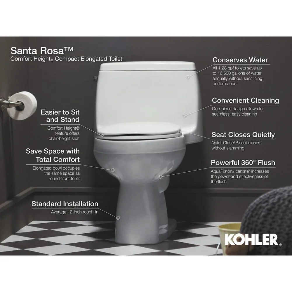 Santa Rosa Comfort Height 1-Piece 1.28 GPF Single Flush Compact Elongated Toilet with AquaPiston Flush in White, photo 3 of 21
