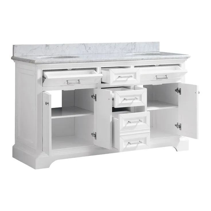 Windlowe 61 in. W x 22 in. D x 35 in. H Bath Vanity in White with Carrera Marble Vanity Top in White with White Sink, photo 3 of 10