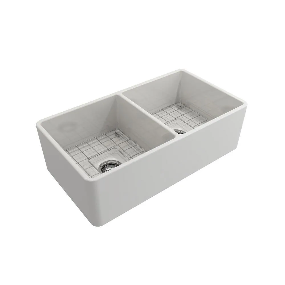 Classico Farmhouse Apron Front Fireclay 33 in. Double Bowl Kitchen Sink with Bottom Grid and Strainer in White, photo 7 of 15