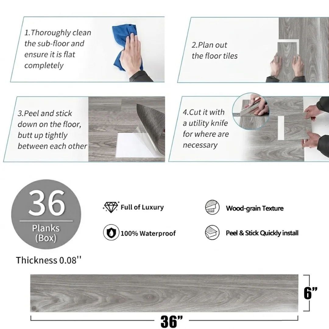 LITA 2mm Thick 6-in W x 36-in L Peel and Stick Vinyl Plank Flooring Heather Gray( 54-sq ft Per Carton ), photo 7 of 8