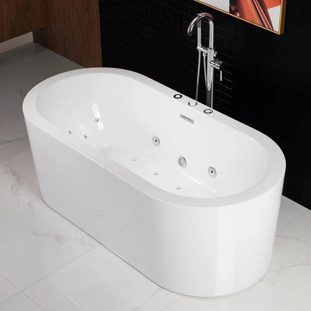 WOODBRIDGE Bologna 67 in. Acrylic Freestanding Whirlpool & Air Bathtub with Drain and Overflow, White, photo 7 of 20