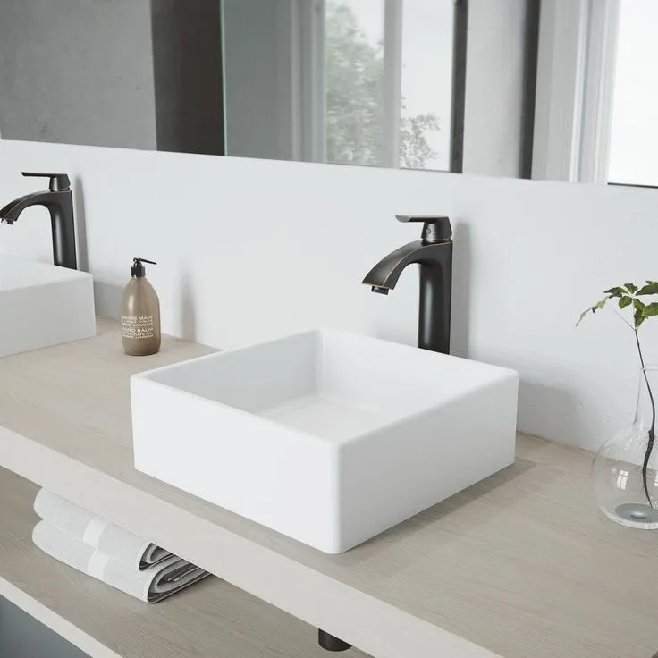VIGO Dianthus White Matte Stone Vessel Bathroom Sink and Linus Bathroom Vessel Faucet in Antique Rubbed Bronze w/ Pop up, photo 7 of 10