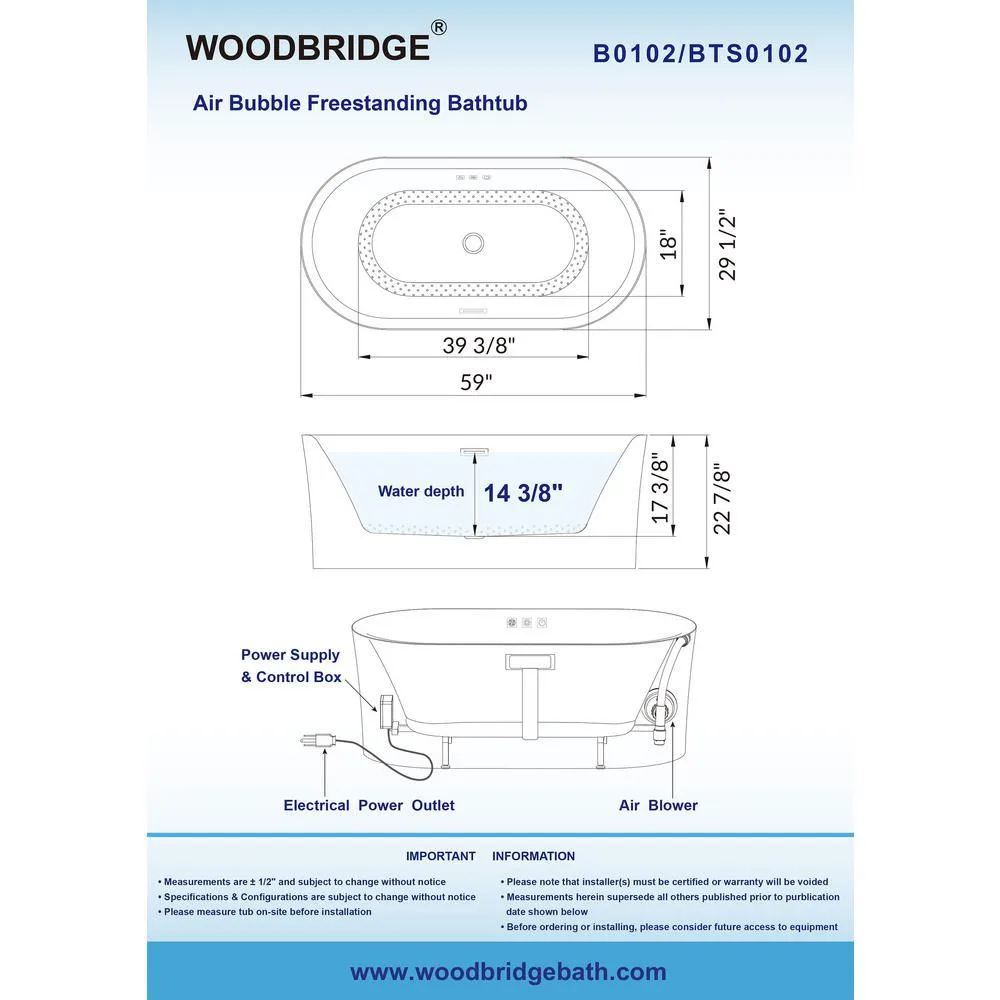 WOODBRIDGE Tion 59 in. Acrylic Freestanding Double-Ended Air Bath Bathtub with Chrome Drain and Overflow, White, photo 6 of 18