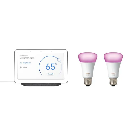 Nest Hub Charcoal and 2-Philips Hue White and Color Ambiance A19 LED Dimmable Smart Wireless Light Bulb