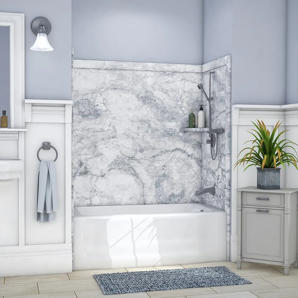 Elite 32 in. x 60 in. x 60 in. 9-Piece Easy Up Adhesive Tub Surround in Calacatta White, photo 8 of 25