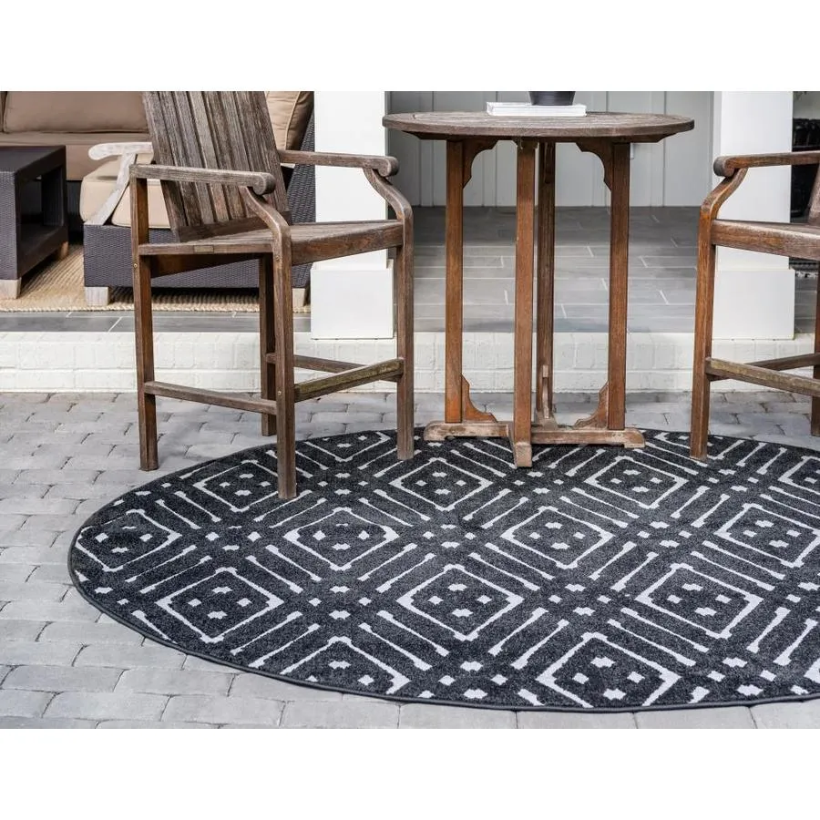 Unique Loom Ella Sabrina Soto Outdoor 8 x 8 Black Round Indoor/Outdoor Geometric French Country Area Rug, photo 2 of 7