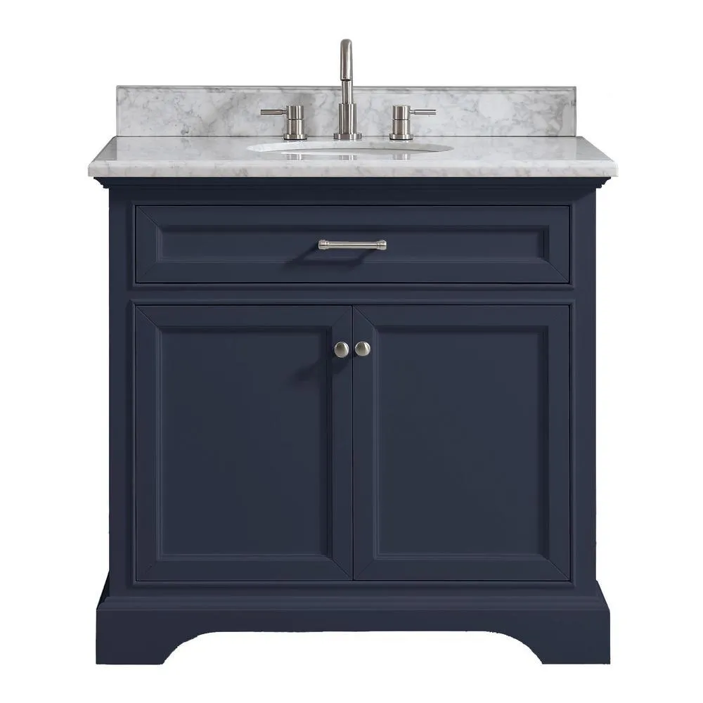 Windlowe 37 in. W x 22 in. D x 35 in. H Bath Vanity in White with Carrera Marble Vanity Top in White with White Sink, photo 8 of 15