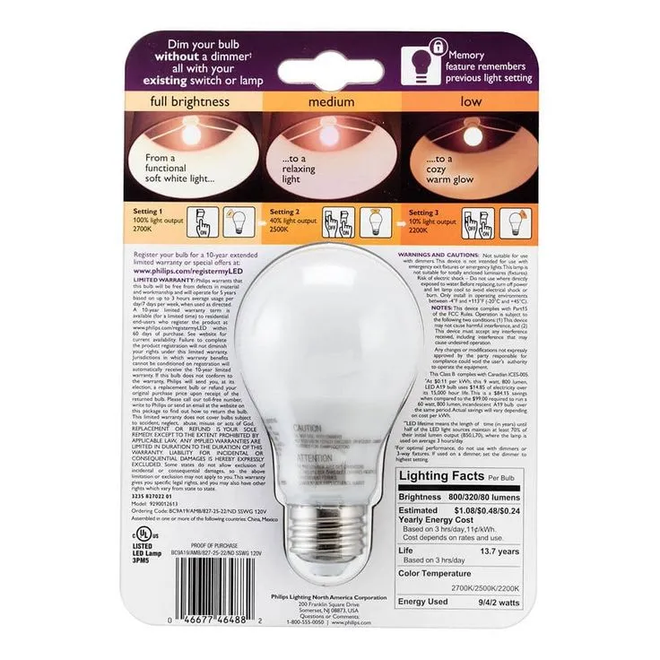 Philips 60-Watt Equivalent A19 SceneSwitch LED Light Bulb Soft White (2700K)/Amber (2500K)/ Warm Glow (2200K) (4-Pack), photo 2 of 7