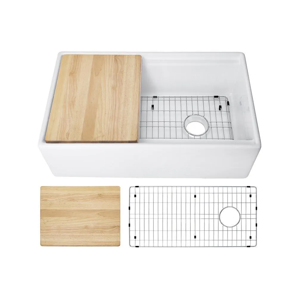 Fireclay 33 in. Single Bowl Farmhouse Apron Front Reversible Kitchen Sink in White with Cutting Board and Grid, photo 13 of 16