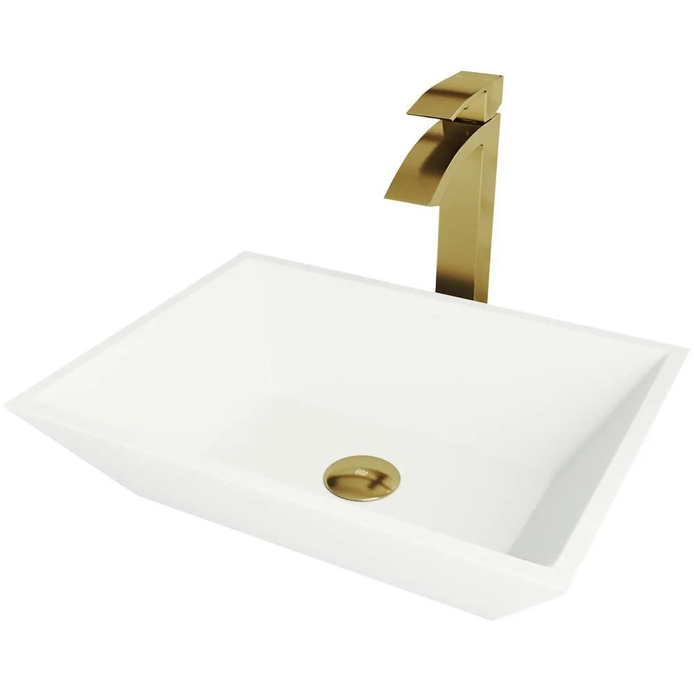 VIGO Vinca Matte Stone Vessel Bathroom Sink in White with Duris Faucet in Matte Gold, photo 2 of 4