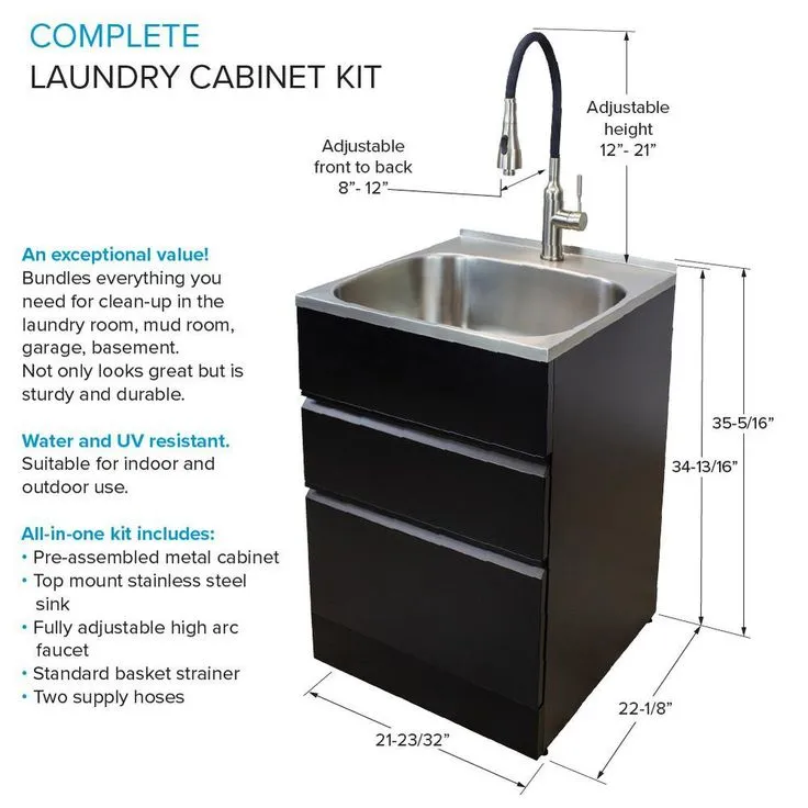 All-in-One 44.8 in. x 22 in. x 35 in. Metal Drop-In Laundry/Utility Sink and Cabinet in Black, photo 11 of 13