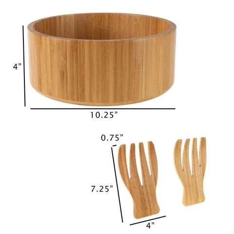 10.25 in. Round Bamboo Salad Bowl with Utensils