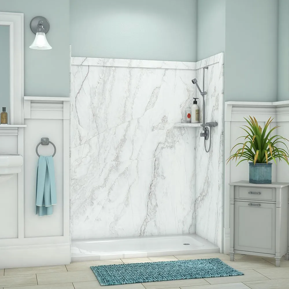 FlexStone Royale 36 in. x 60 in. x 80 in. 11-Piece Easy Up Adhesive Alcove Bathtub/Shower Wall Surround in Calacatta White, photo 12 of 26