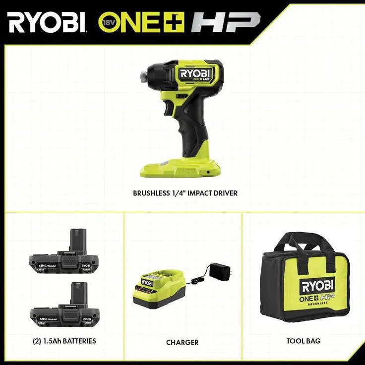 RYOBI ONE+ HP 18V Brushless Cordless Compact 1/4 in. Impact Driver Kit with (2) 1.5 Ah Batteries, Charger and Bag, photo 7 of 7