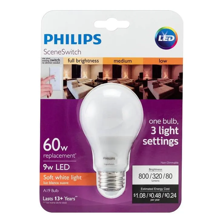 Philips 60-Watt Equivalent A19 SceneSwitch LED Light Bulb Soft White (2700K)/Amber (2500K)/ Warm Glow (2200K) (4-Pack), photo 7 of 7
