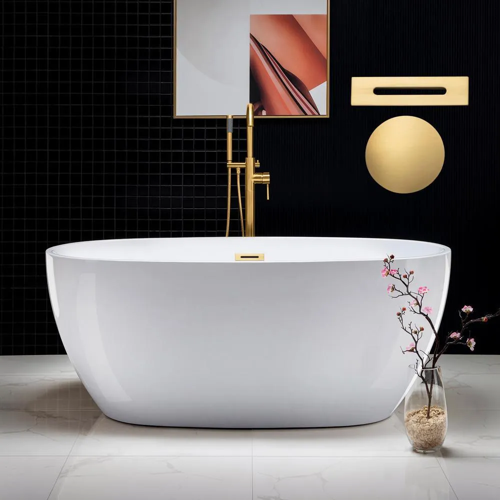 WOODBRIDGE Dieppe 59 in. Acrylic Double-Ended Flat Bottom Freestanding Bathtub with Chrome Overflow and Drain, White, photo 9 of 17